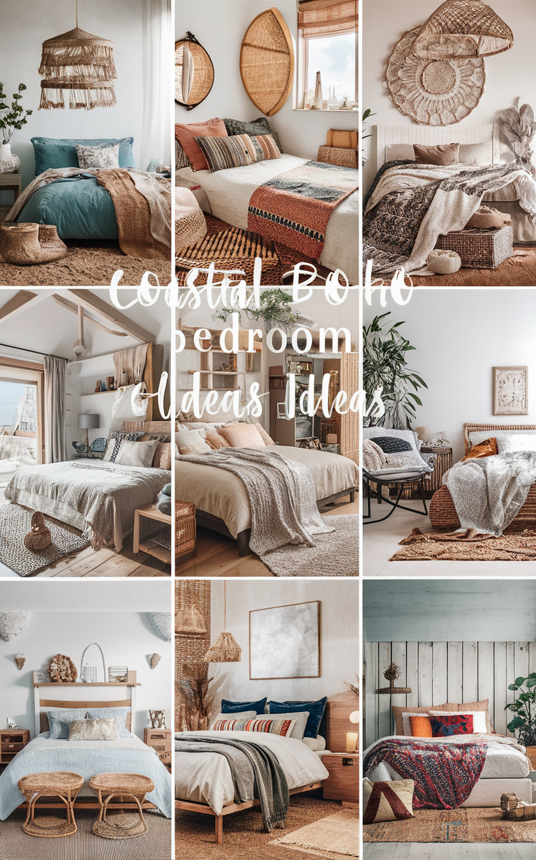 Cozy bedroom decor, Beachy boho style, Coastal chic design, Summer bedroom inspiration, Bohemian coastal retreat