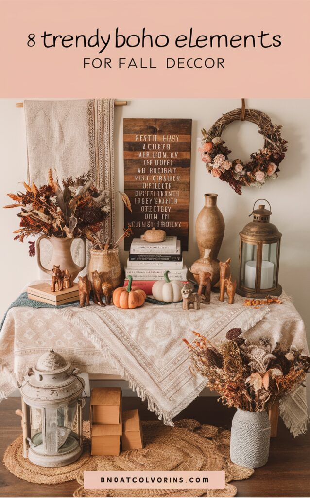 Boho home decor, Trendy fall decorations, Bohemian home accessories, Chic autumn interior design, Stylish boho living room