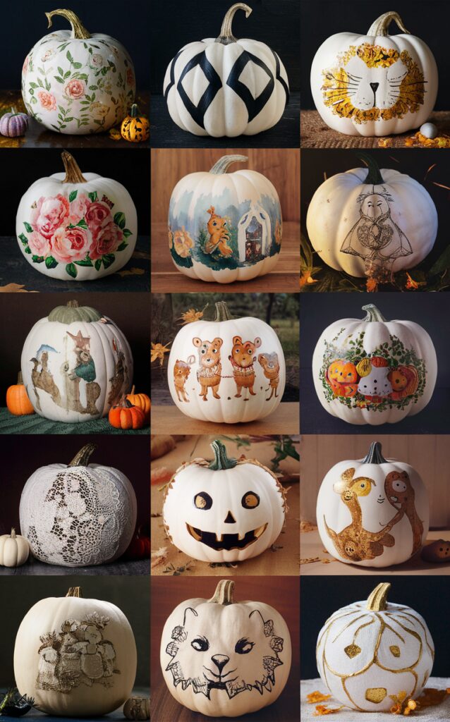 White pumpkin painting, Pumpkin crafts, Fall decor ideas, DIY pumpkin designs, Halloween pumpkin decoration