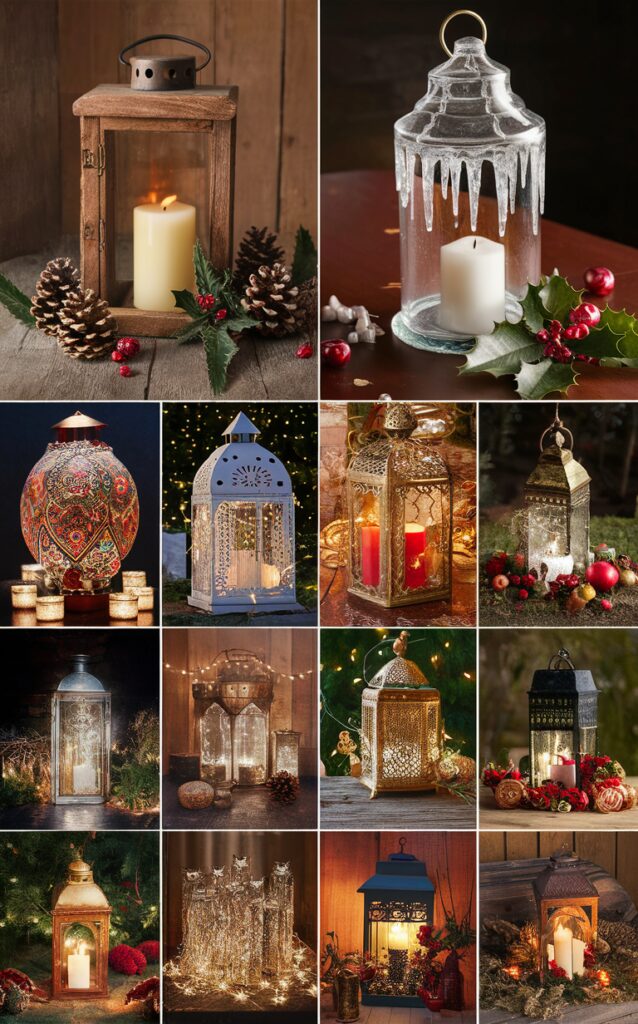 candle lanterns, outdoor lantern decor, winter candle lanterns, holiday lantern centerpiece, festive lantern display