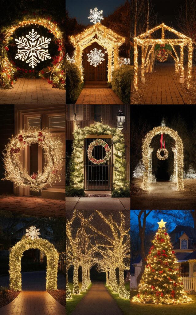 Christmas outdoor lights, festive pathway decorations, holiday garden lighting, illuminated walkway ideas, winter landscape design