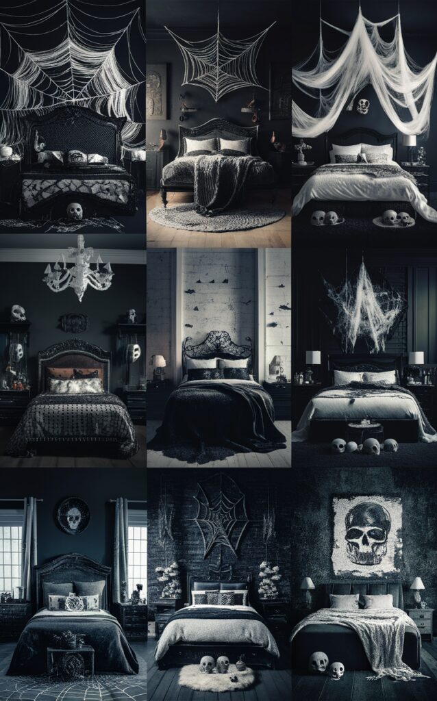 Halloween decor, Black and white decor, Bedroom decorations, Halloween room design, Spooky bedroom themes