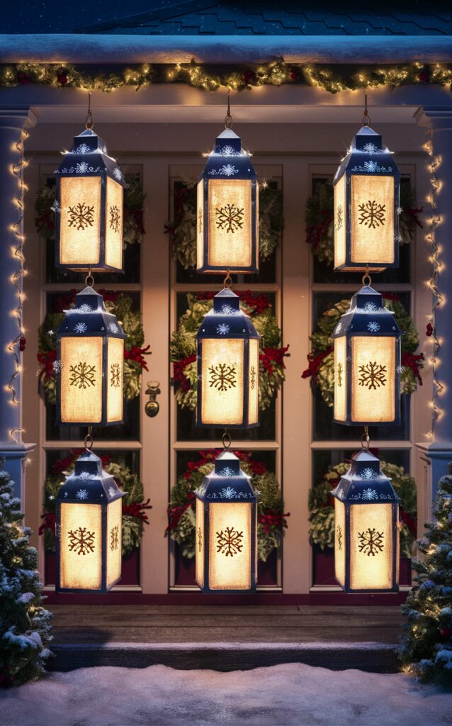 Christmas lantern decorations, winter porch decor, outdoor Christmas lights, holiday lanterns, festive outdoor lighting