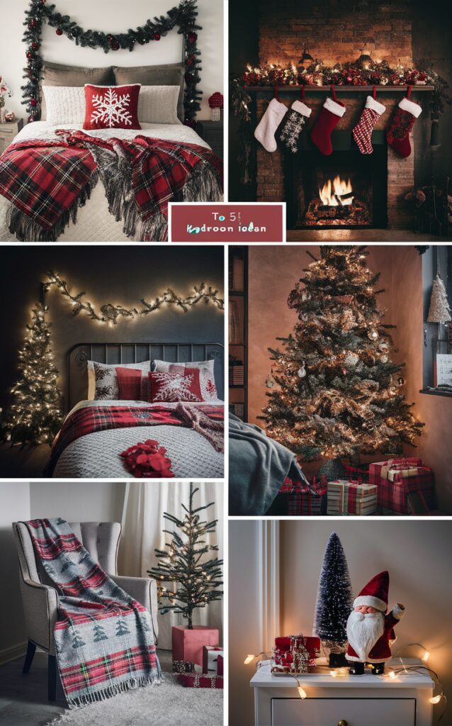 Christmas bedroom decor, festive holiday decor, cozy winter decor, seasonal bedroom decorations, elegant holiday bedding