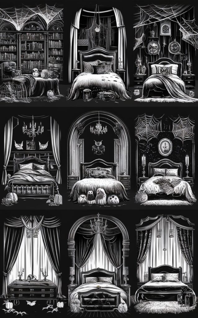 Black and white Halloween decor, Spooky bedroom ideas, Ghostly bedroom design, Scary room accents, Haunted bedroom inspiration