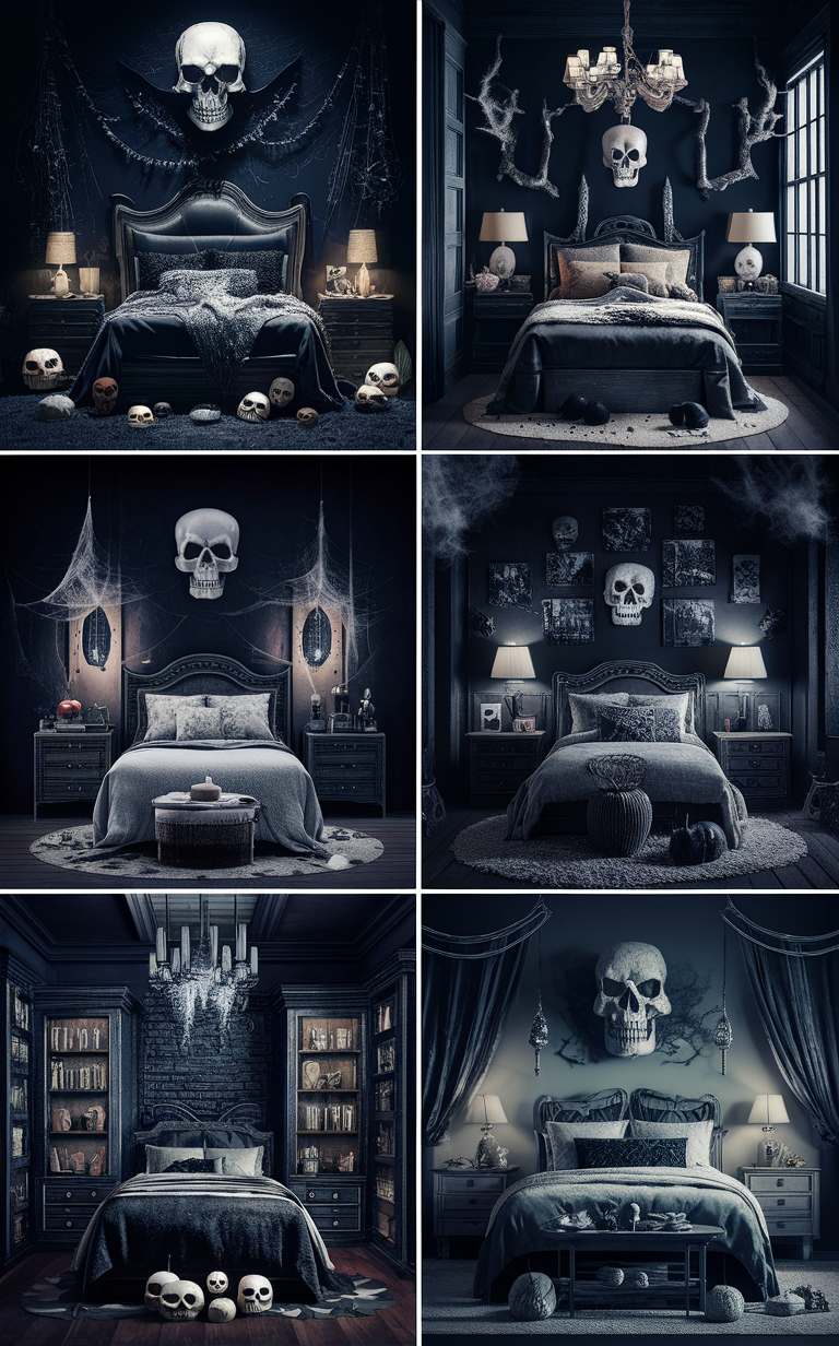 Black and White Gothic Bedroom, Halloween Theme Decor, Spooky Bedroom Ideas, Elegant Halloween Bedroom, Monochrome Halloween Decor