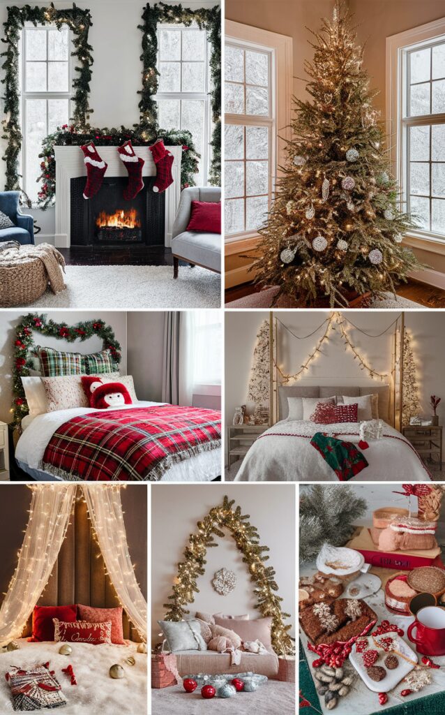 Christmas bedroom decor, Holiday bedroom decorations, Festive Christmas bedding, Cozy holiday bedroom, Seasonal room makeover