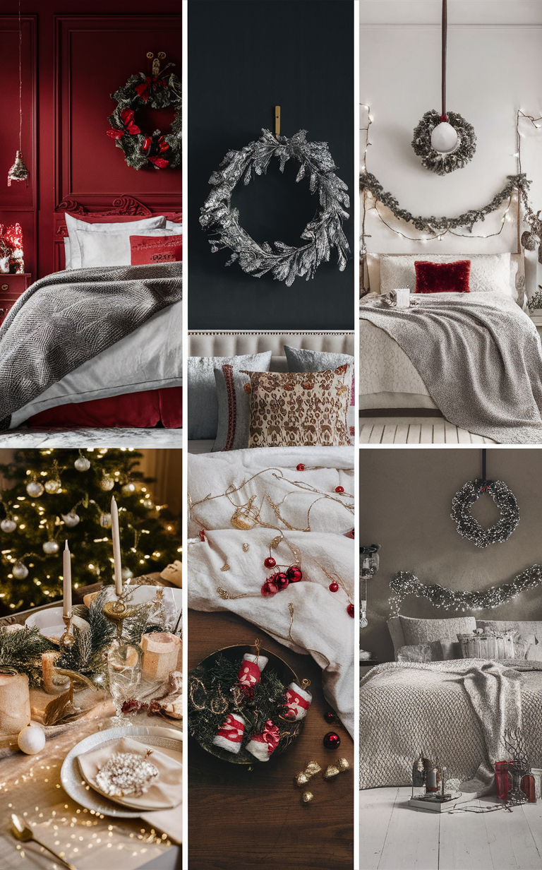 Christmas Bedroom Decor, Festive Holiday Ornaments, Cozy Winter Bedding, Elegant Holiday Home, Festive Bedroom Lighting