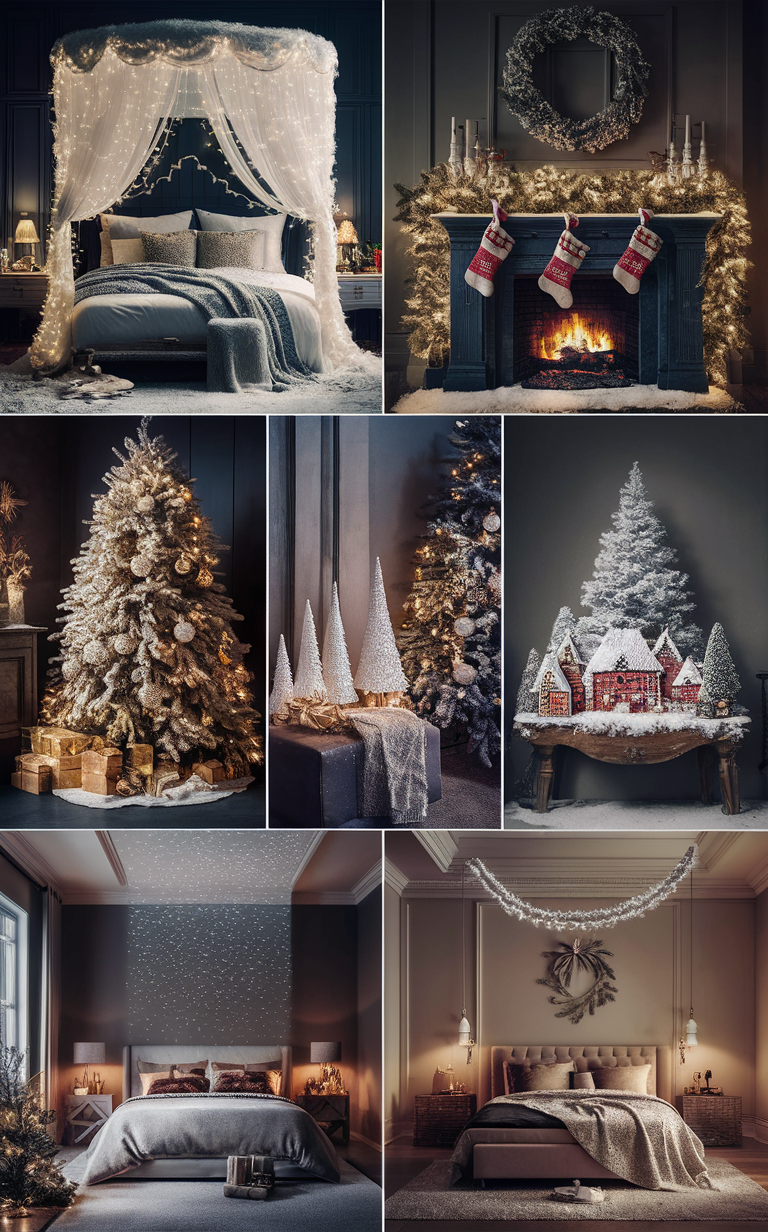 Christmas bedroom decor, luxury bedroom ideas, elegant home decor, festive room designs, holiday interior inspiration