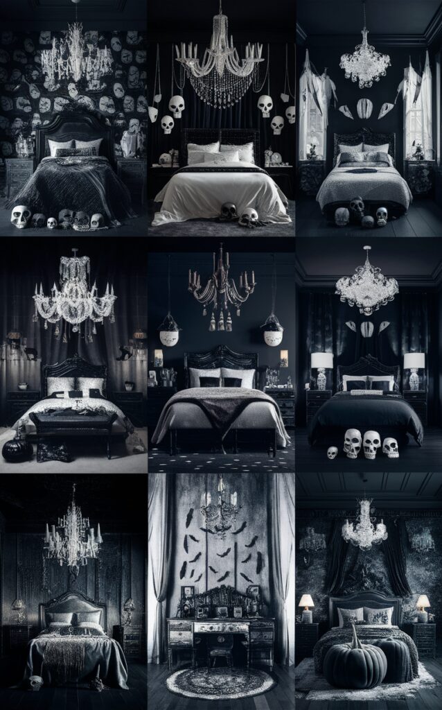 Halloween bedroom decor, Black and white Halloween, Spooky bedroom ideas, Halloween room makeover, Creepy bedroom design