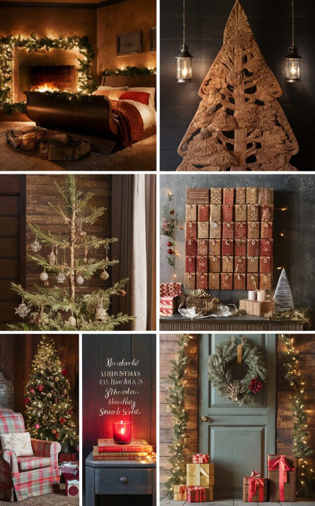 rustic christmas bedroom decor, cozy holiday bedroom ideas, festive winter bedroom decorations, rustic holiday bedding, country christmas bedroom styling