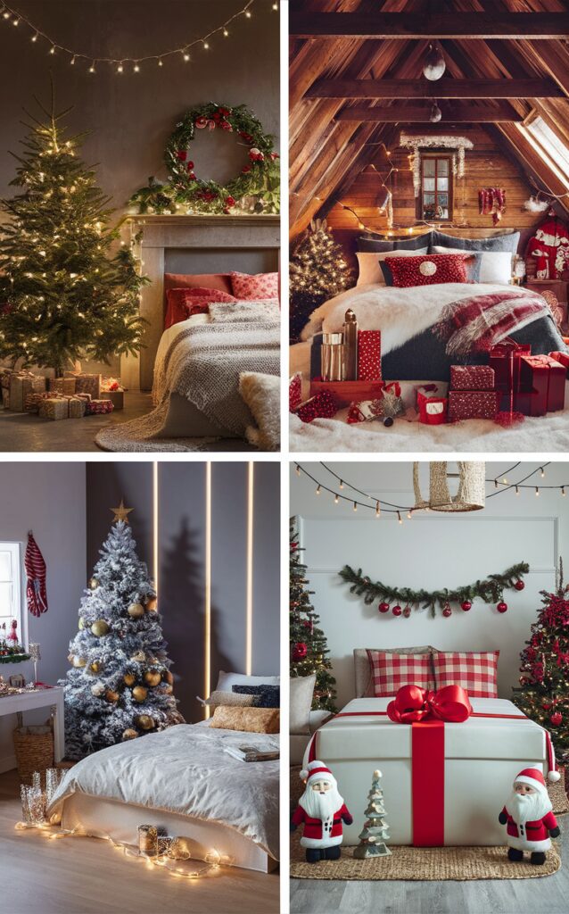 Christmas bedroom decor, Luxury holiday bedroom, Festive bedroom design, Cozy Christmas room, Elegant holiday decor