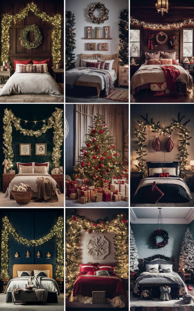 Christmas bedroom decor, Festive bedroom ideas, Holiday bedroom design, Winter bedroom decorations, Cozy festive bedroom