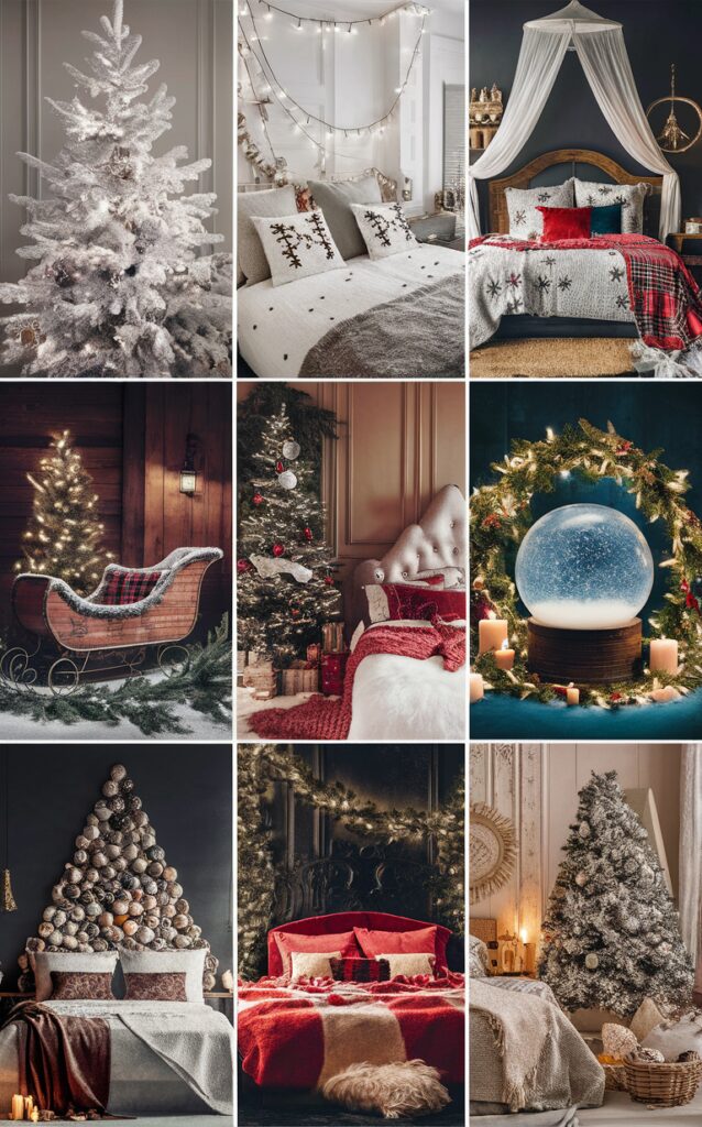 Christmas bedroom decor, Festive bedroom decorations, Cozy holiday bedding, Seasonal room ornaments, Winter-themed bedroom accessories