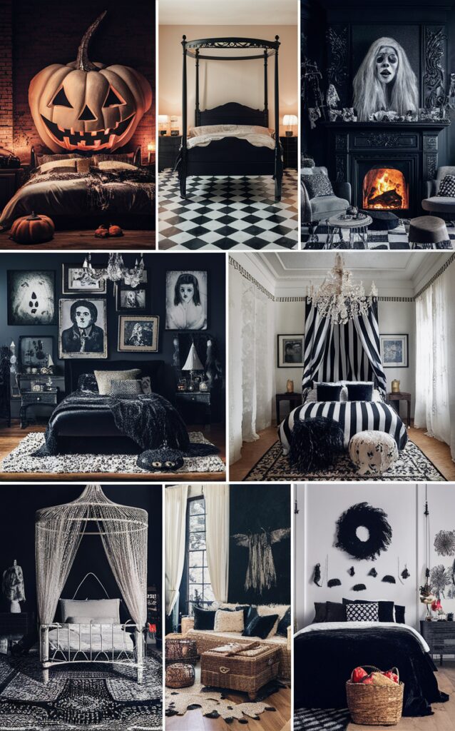 Halloween bedroom decor, Black and white Halloween decor, Spooky bedroom ideas, Haunted bedroom design, Halloween theme bedrooms