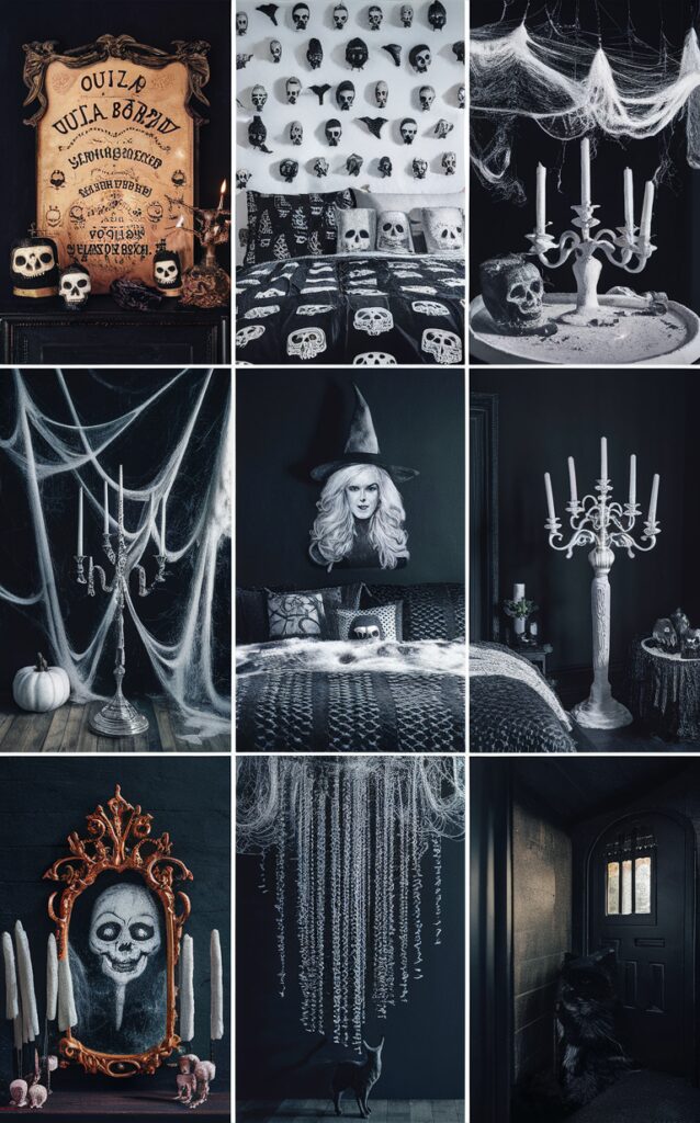 Halloween bedroom decor, Black and white Halloween, Spooky bedroom ideas, Haunted bedroom design, Creepy bedroom theme