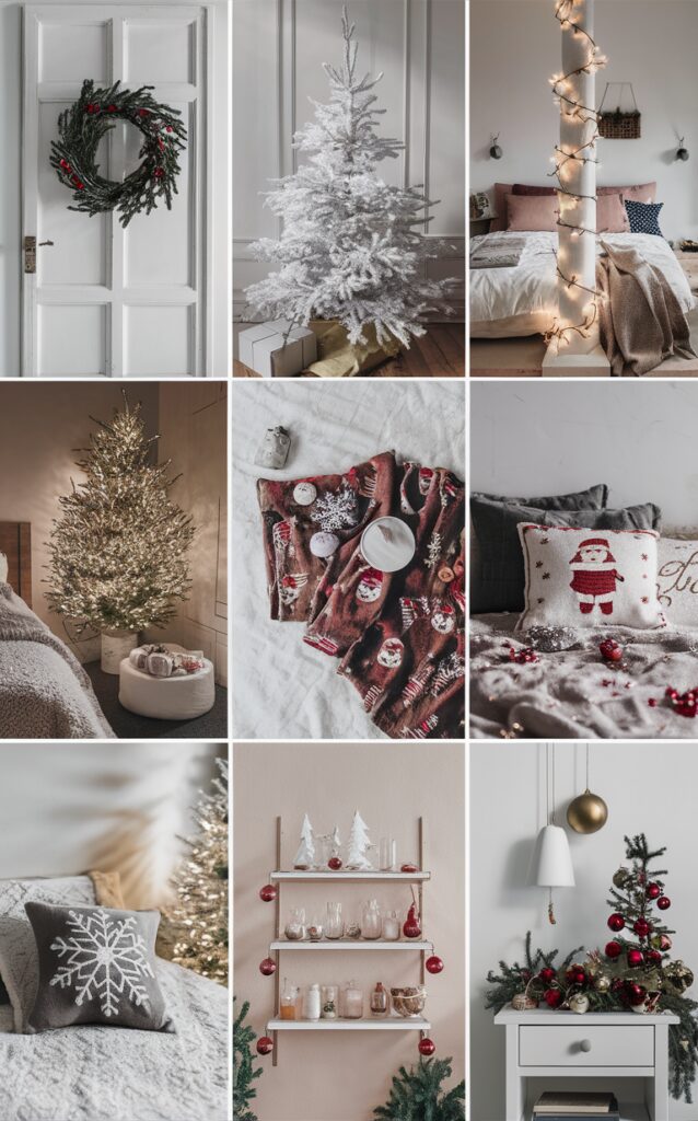 Christmas bedroom decor, Minimalist holiday decorating, Modern Christmas room ideas, Scandinavian bedroom design, Winter bedroom makeover