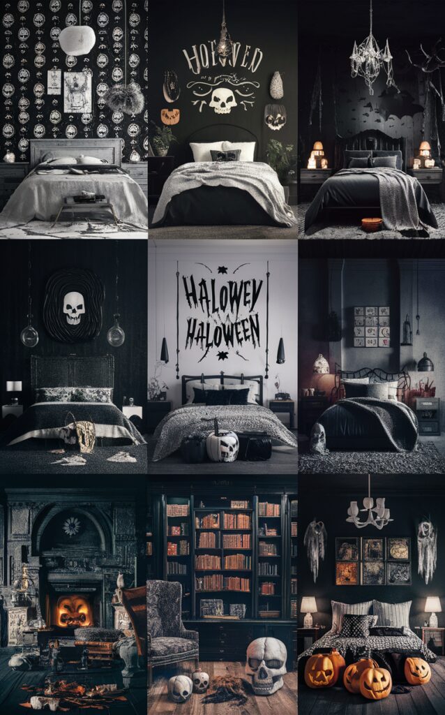 bedroom decor, spooky decorations, Halloween bedding, monochrome theme, eerie ambiance