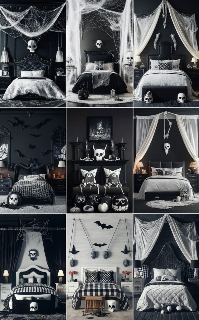 Halloween decor, Gothic bedroom, Monochrome interior, Spooky home, Dark room