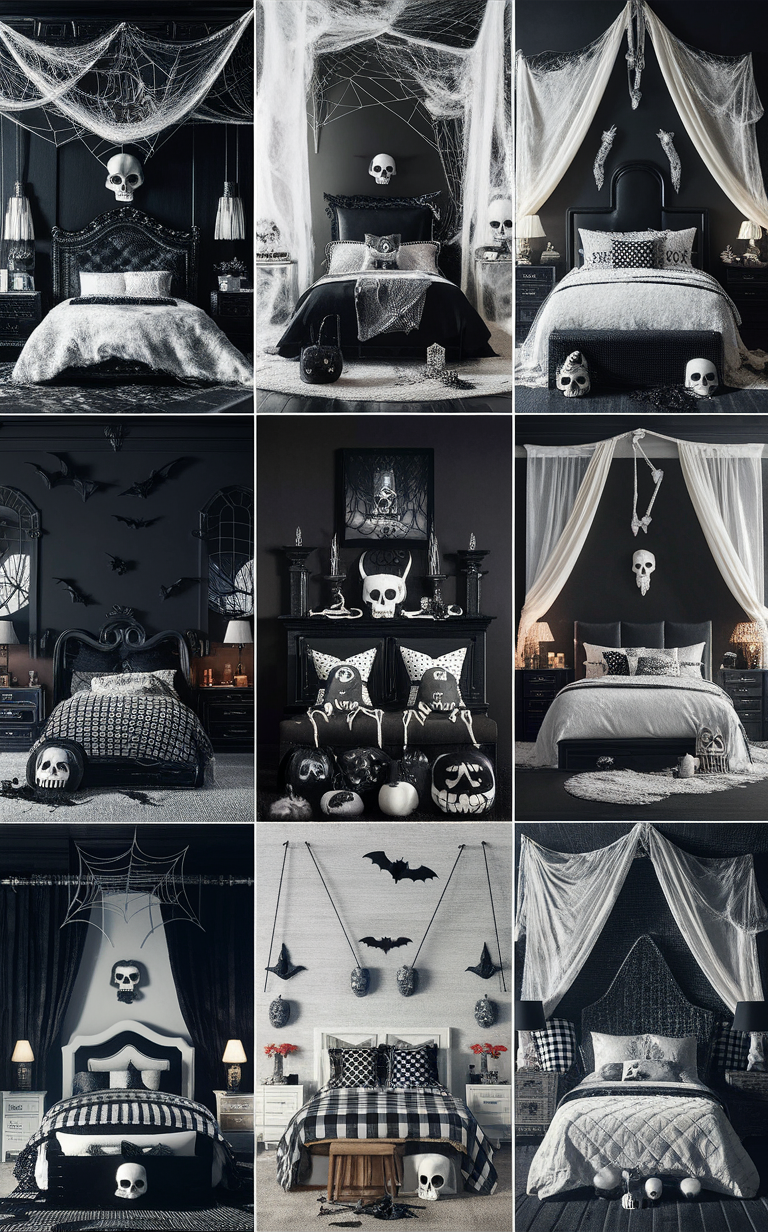 Halloween decor, Gothic bedroom, Monochrome interior, Spooky home, Dark room