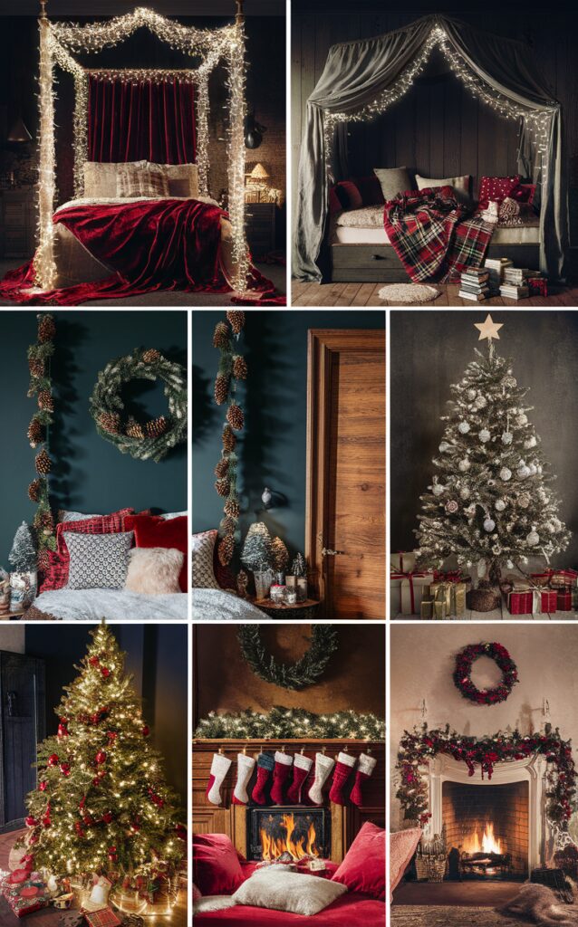 Christmas decor bedroom, holiday bedroom decor, festive bedroom decorations, winter bedroom decorating, luxury Christmas bedroom