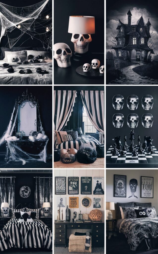 Halloween decor, Halloween bedroom, Black and white bedroom, Spooky bedroom, Halloween design