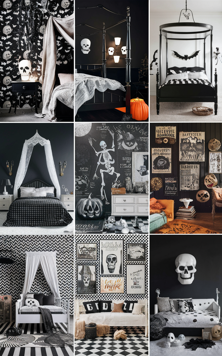 Halloween decorations, Halloween theme, monochromatic bedroom, spooky bedroom, Halloween design