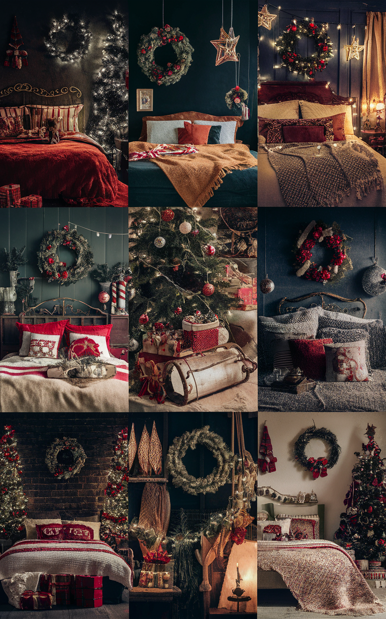 Vintage Christmas bedroom decor, Holiday bedroom decorations, Cozy Christmas bedroom ideas, Rustic Christmas bedroom, Festive bedroom decor