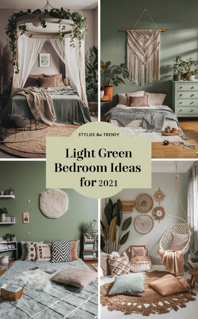 Boho decor, Green bedroom, Home design, Interior styling, Decor trends