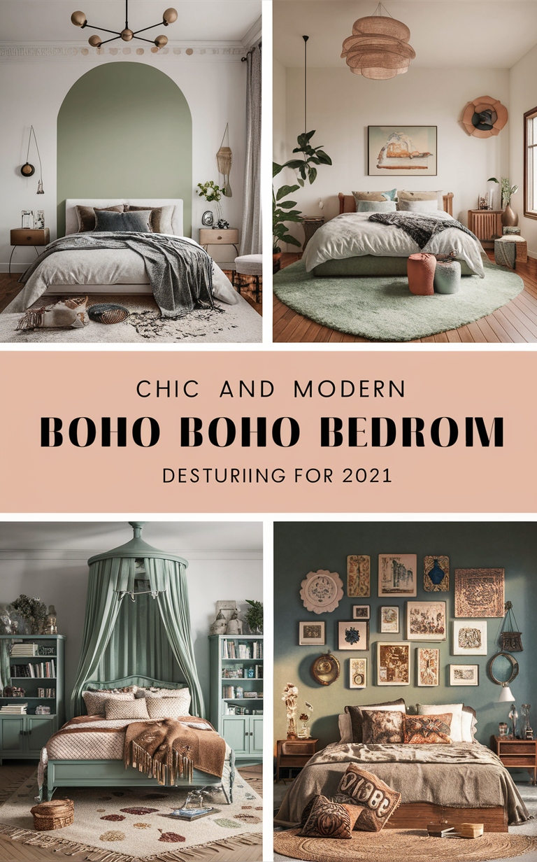 Boho decor, Green bedroom, Home design, Interior styling, Decor trends