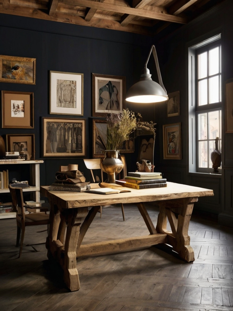 moody living room featuring dark walls, artistic decor, and warm lighting