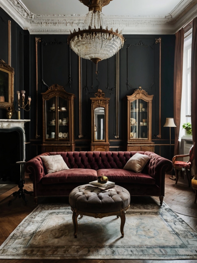 a living room with dark hues, classic details, and cozy modern touches