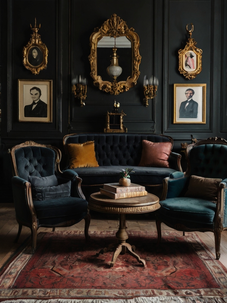 cozy dark academia living room with vintage furniture, moody lighting, and elegant bookcase