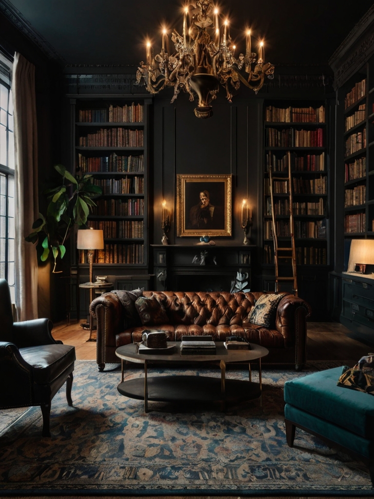 moody living room featuring dark walls, artistic decor, and warm lighting