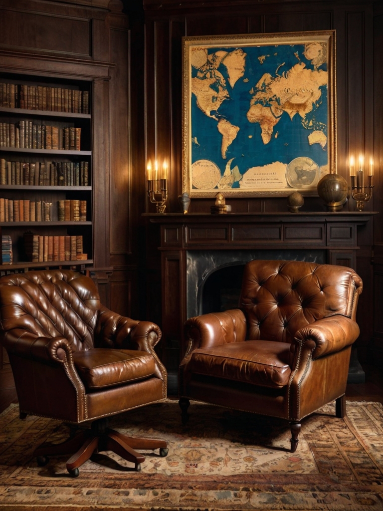 cozy dark academia living room with vintage furniture, moody lighting, and elegant bookcase