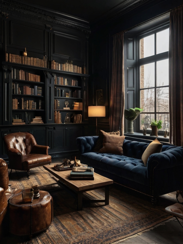 moody living room featuring dark walls, artistic decor, and warm lighting