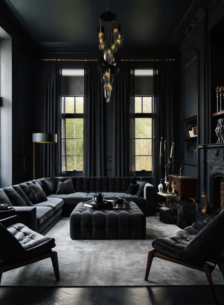 moody living room featuring dark walls, artistic decor, and warm lighting