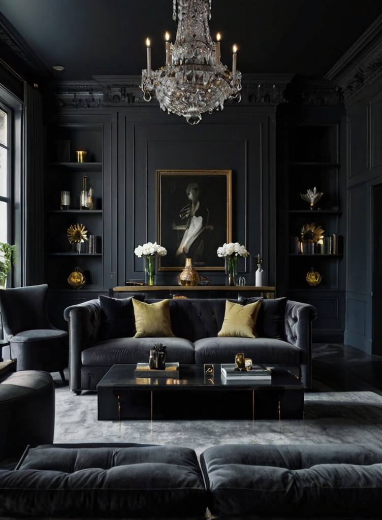 moody living room featuring dark walls, artistic decor, and warm lighting