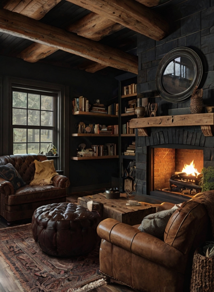 cozy dark academia living room with vintage furniture, moody lighting, and elegant bookcase