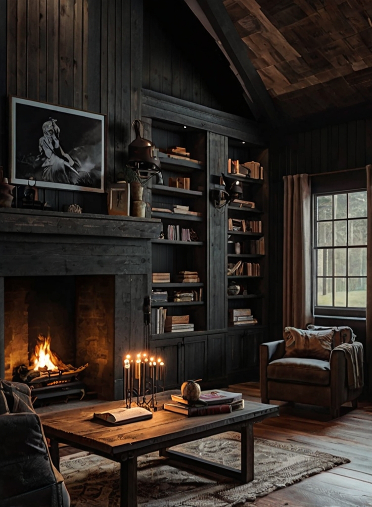 moody living room featuring dark walls, artistic decor, and warm lighting