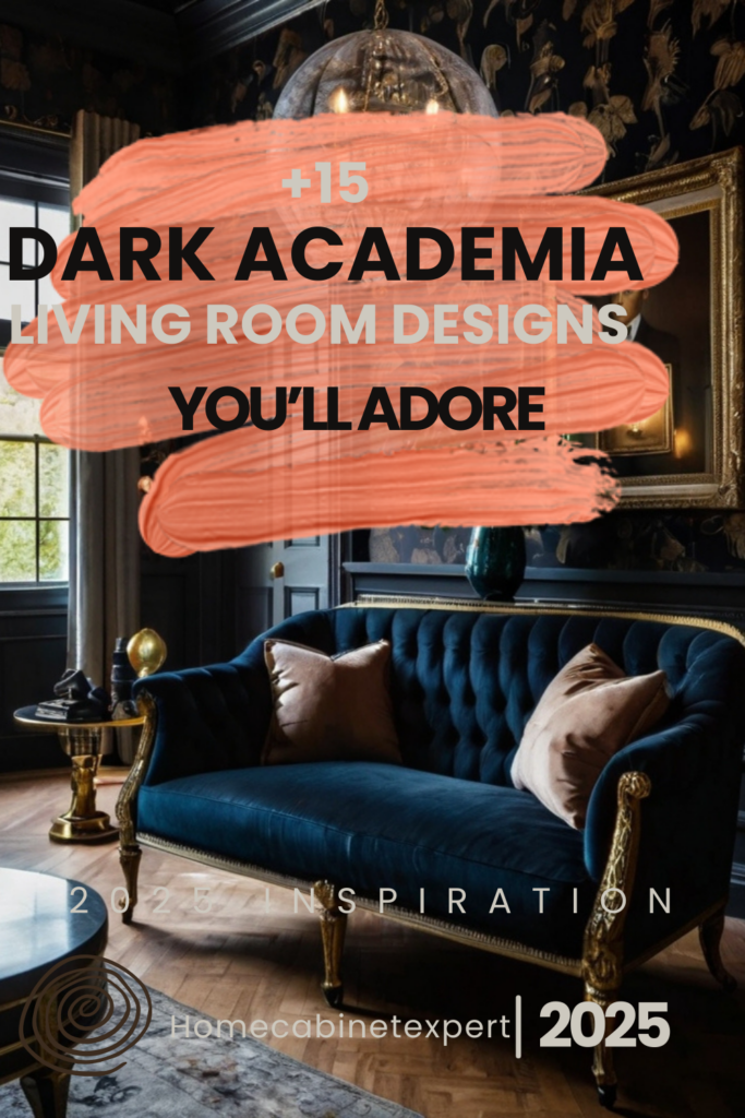 cozy dark academia living room with vintage furniture, moody lighting, and elegant bookcase