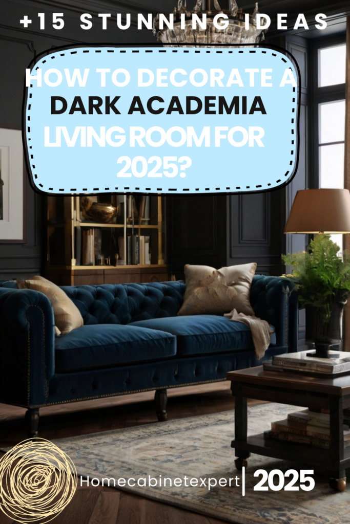 cozy dark academia living room with vintage furniture, moody lighting, and elegant bookcase