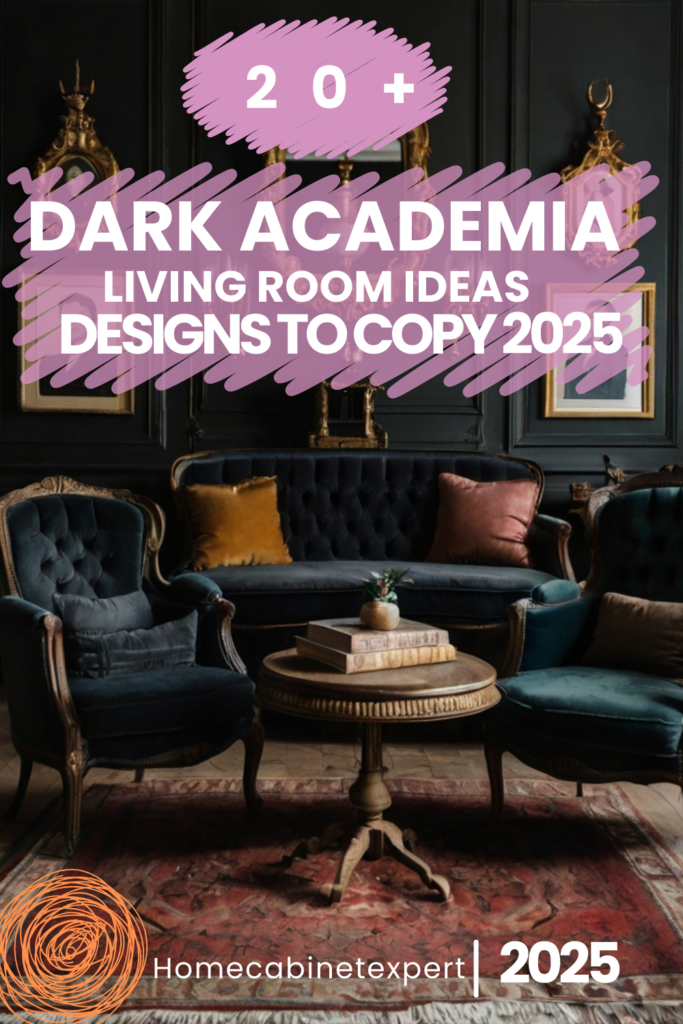 cozy dark academia living room with vintage furniture, moody lighting, and elegant bookcase