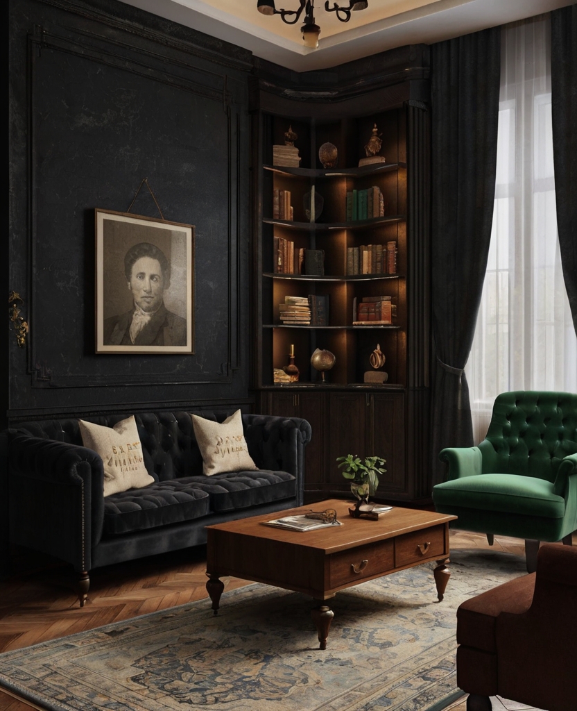 moody living room featuring dark walls, artistic decor, and warm lighting