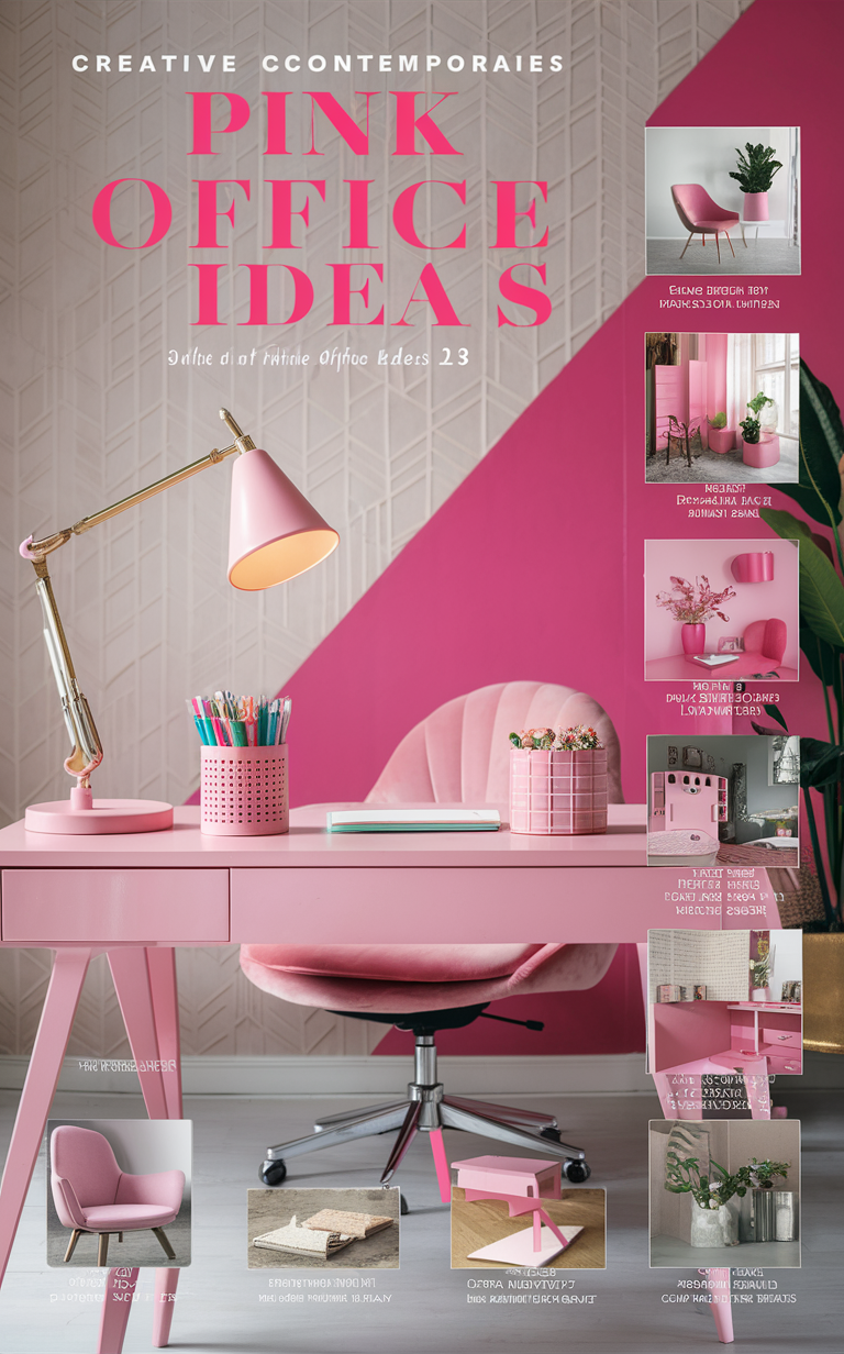 pink home office decor, home office design ideas, pink office accessories, trendy home office furniture, modern pink office decor