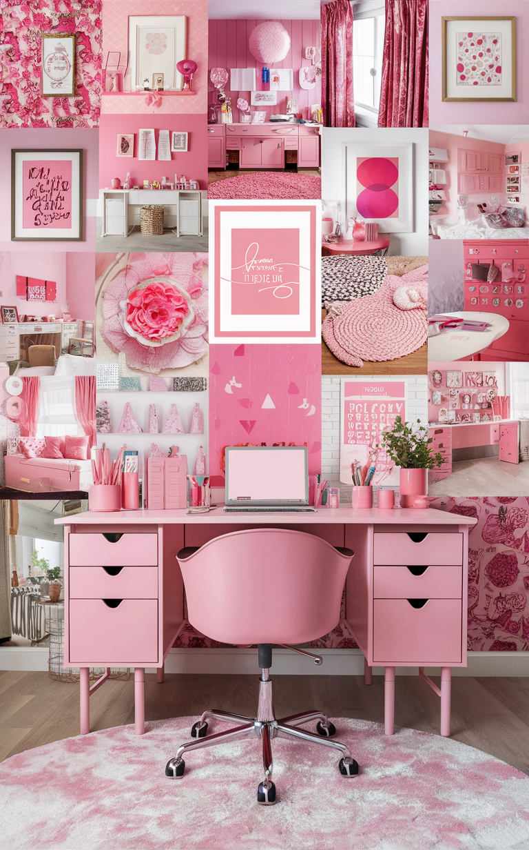 pink home office decor, home office design ideas, pink office accessories, trendy home office furniture, modern pink office decor