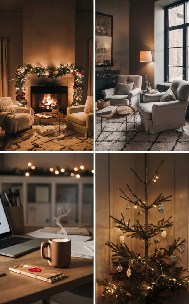 Cozy office decor, Winter workspace ideas, Office interior design, Warm office decorations, Comfortable work environment