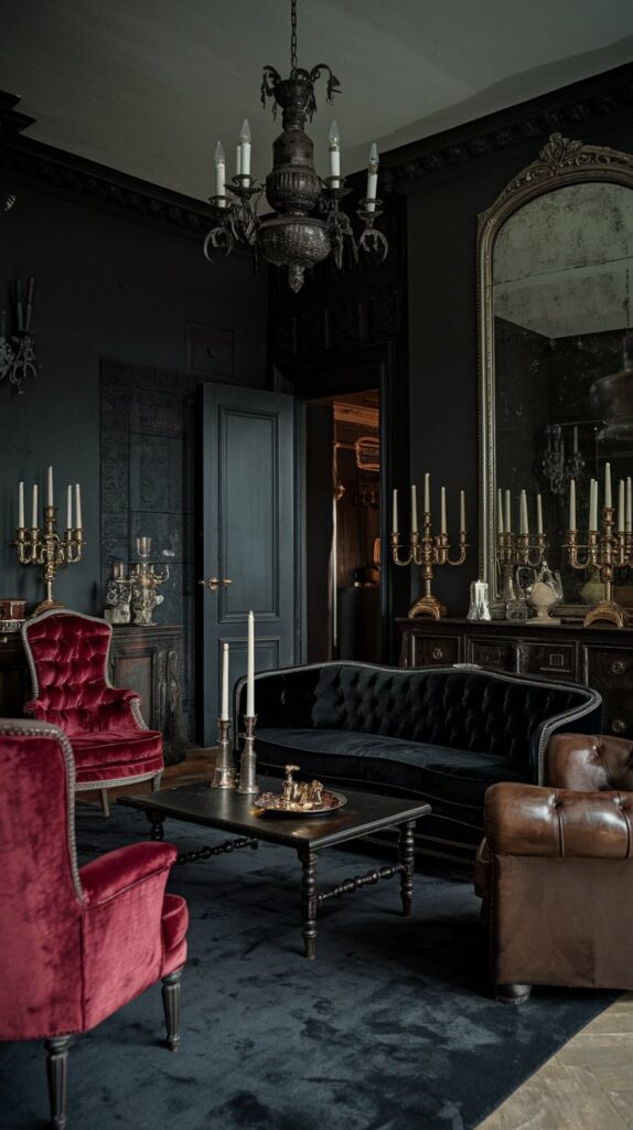 Dramatic Lighting with Chandelier FocusLighting is a crucial element of any Gothic living room. 