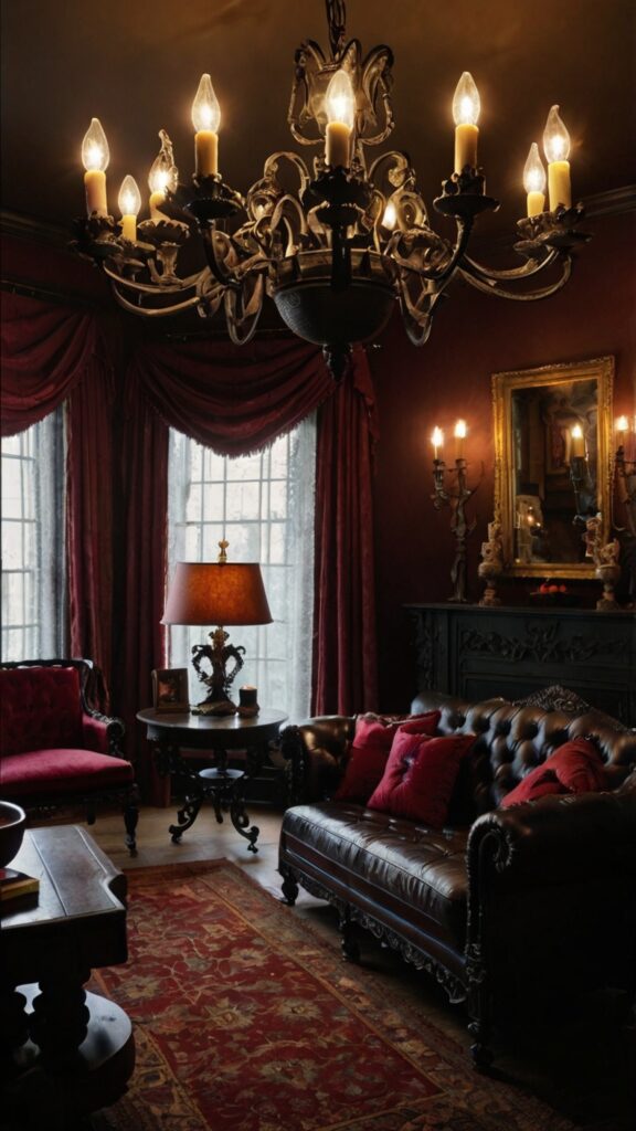 Dramatic Lighting with Chandelier FocusLighting is a crucial element of any Gothic living room. 