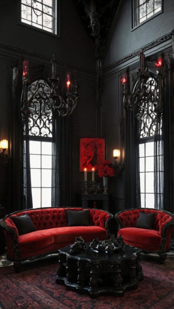 Dramatic Lighting with Chandelier FocusLighting is a crucial element of any Gothic living room. 